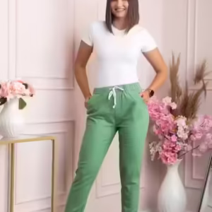 Pantaloni conici Tessa din bumbac cu snur in talie - Verde fistic