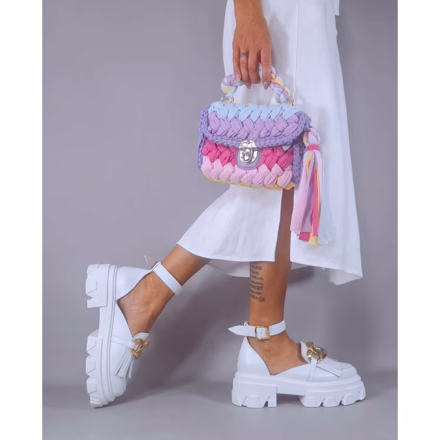 Pantofi Casual Piele Naturala Albi accesoriu lant City