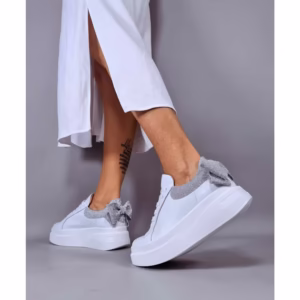 Pantofi casual Piele Naturala albi cu argintiu Bow