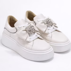 Pantofi casual Piele Naturala Albi cu funda si accesoriu Noam