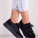 Pantofi dama casual Negri din Piele Naturala Intoarsa si textil Narella