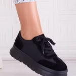 Pantofi dama casual Negri din Piele Naturala Intoarsa si textil Narella