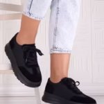 Pantofi dama casual Negri din Piele Naturala Intoarsa si textil Narella