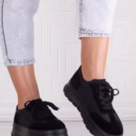 Pantofi dama casual Negri din Piele Naturala Intoarsa si textil Narella