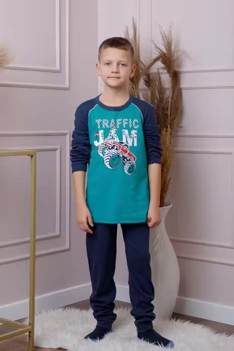 Pijama băieți Oliver din bumbac turcoaz cu imprimeu monster truck – confort și stil