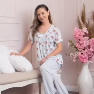 Pijama dama Lolly cu maneci scurte si imprimeu inimioare - Bleu