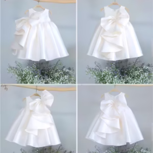 Rochie alba eleganta pentru fete, din tafta cu fundita detasabila - Salome