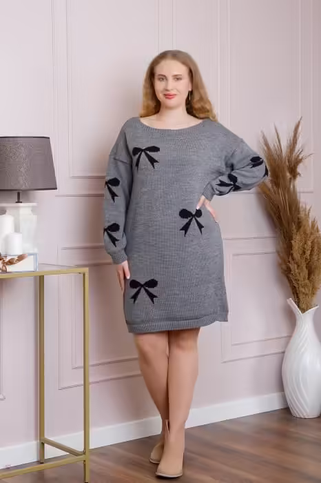 Pulover Bonnie Gri Tip Rochie cu Fundițe – Confort și Stil