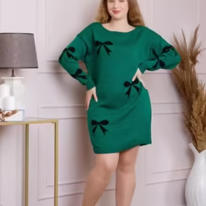 Pulover Bonnie Verde Smarald Tip Rochie cu Fundițe – Confort și Stil