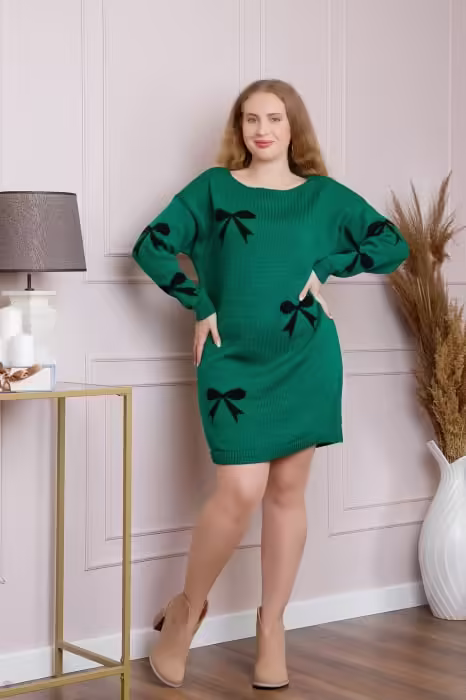 Pulover Bonnie Verde Smarald Tip Rochie cu Fundițe – Confort și Stil