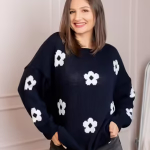 Pulover April din tricot cu imprimeu floral – Bleumarin