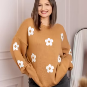 Pulover April din tricot cu imprimeu floral – Camel, lejer și confortabil
