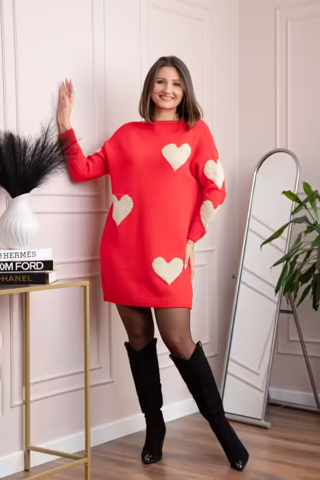 Pulover tip rochie Taylor cu inimioare aurii – Roșu