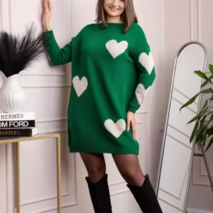 Pulover tip rochie Taylor cu inimioare aurii - Verde