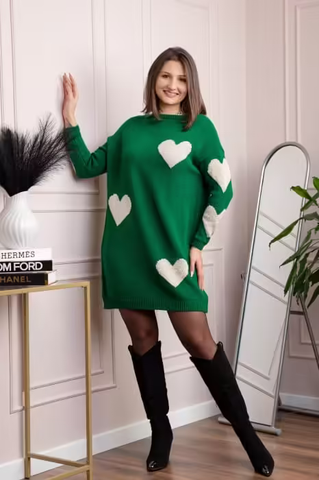 Pulover tip rochie Taylor cu inimioare aurii – Verde