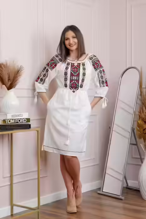 Rochie Albă cu Motif Geometric Roșu Dorina – Confort și Eleganță