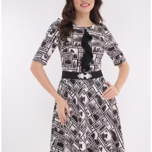Rochie clos alba cu print abstract negru