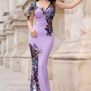 Rochie de seara eleganta Kany lavanda cu model din paiete si flori pastelate