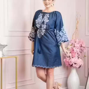 Rochie denim albastra cu motiv floral alb Lavinia