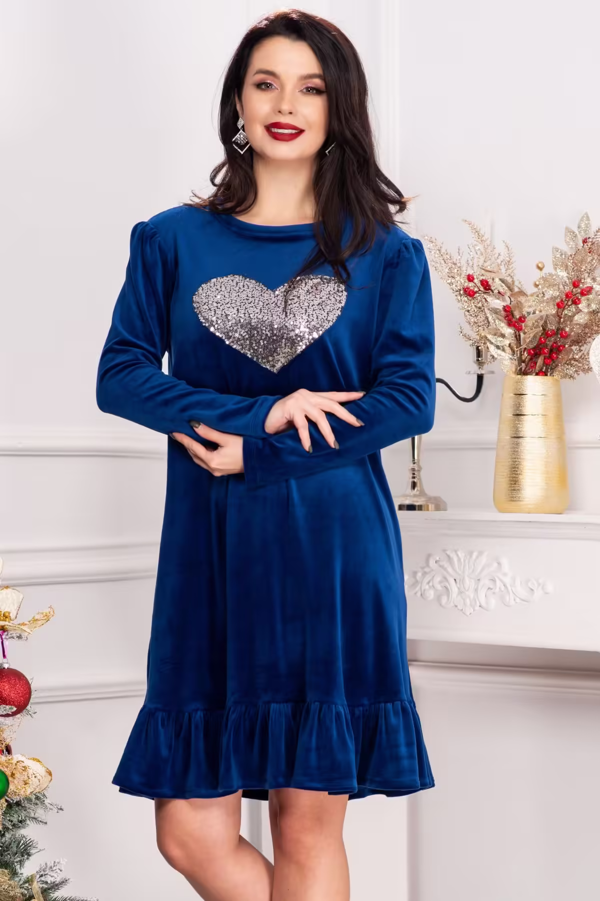 Rochie din catifea Alma albastru royal cu detalii din paiete argintii