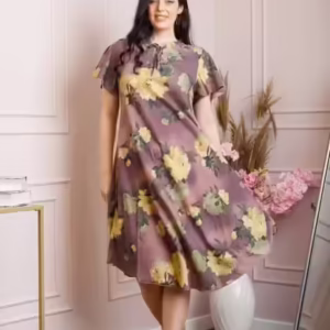 Rochie eleganta Penelope cu baza asimetrica si imprimeu floral - Mov