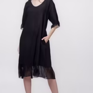 Rochie din in neagra cu volane din matase si snur in talie