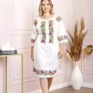 Rochie traditionala alba cu motiv floral multicolor Andreea 02