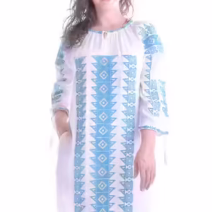 Rochie traditionala dreapta alba cu motiv geometric albastru Tania