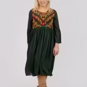 Rochie traditionala evazata verde cu motiv floral multicolor Ionela 03