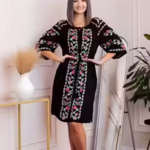 Rochie traditionala neagra cu motiv floral multicolor Gisela 01