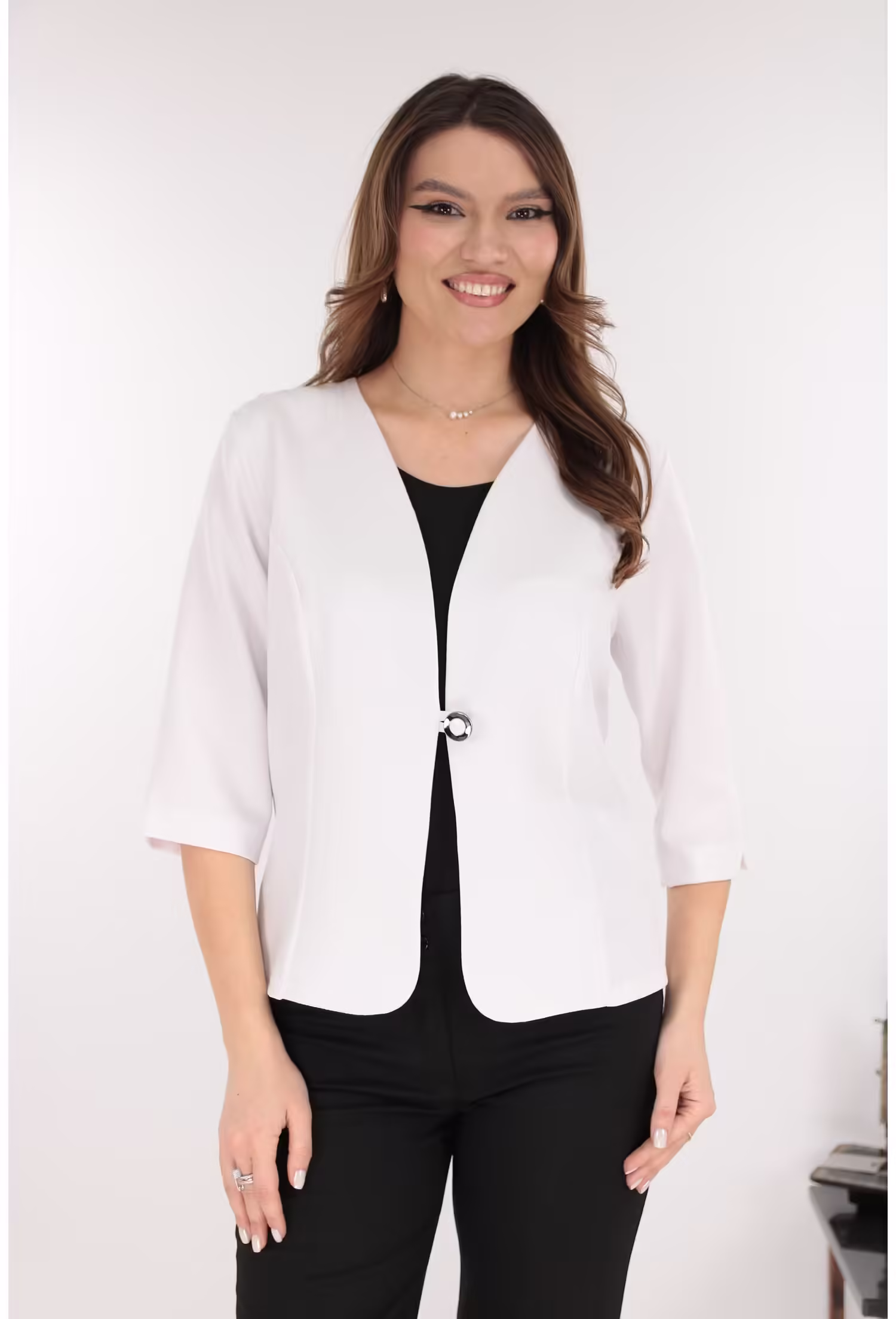 Sacou Alb Elegant din Stoffă Elastică cu Croială Clasică