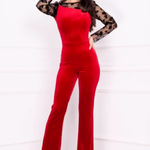 Salopeta din catifea rosie Bernice cu maneci din tulle – Eleganta si confortabila