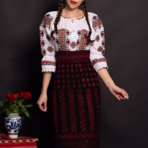 Set tradițional de cătrintă și brâu cu broderie roșie și simbol romb
