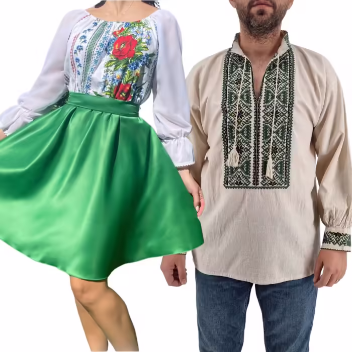 Set Cuplu 437 – Camasa Traditionala si Rochie Stilizata cu Motive Traditionale