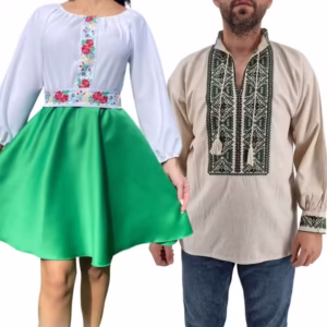 Set Cuplu 438: Cămașă Tradițională și Rochie Stilizată cu Motive Tradiționale