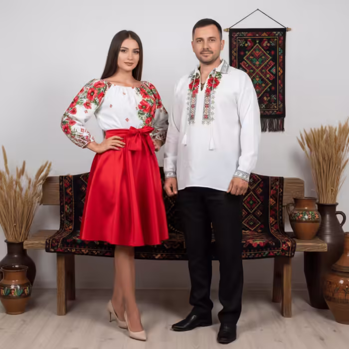 Set Cuplu 440: Cămașă și Rochie cu Motive Tradiționale