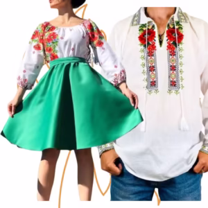 Set Cuplu 441: Cămașă Tradițională și Rochie Stilizată cu Motive Tradiționale