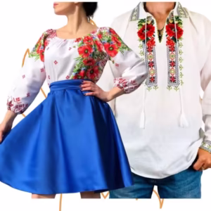 Set Cuplu 442: Cămașă Tradițională și Rochie Stilizată cu Motive Tradiționale