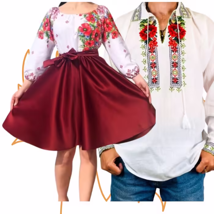 Set Cuplu 443 – Camasa Traditionala si Rochie cu Motive Traditionale