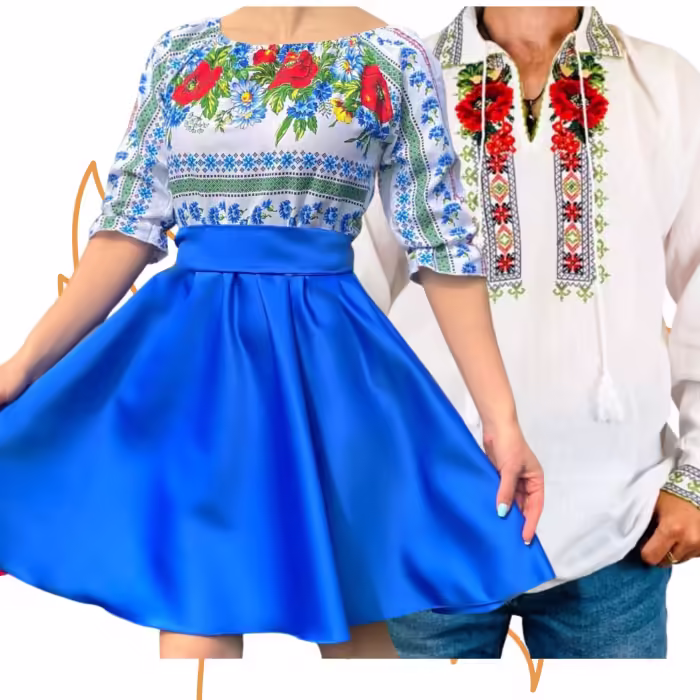Set Cuplu 445: Cămașă Tradițională și Rochie Stilizată cu Motive Tradiționale