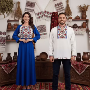 Set Cuplu 643 - Cămașă Tradicională și Rochie Stilizată cu Motive Tradiționale