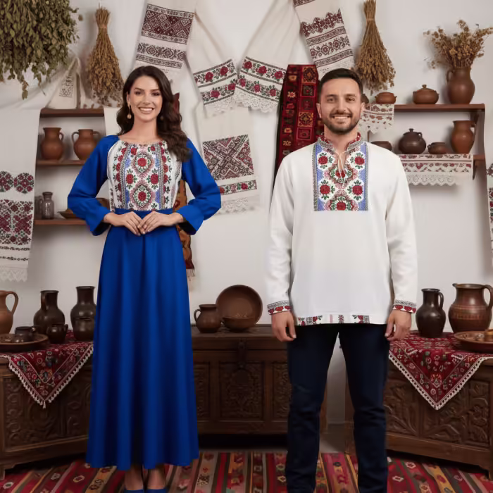 Set Cuplu 643 – Cămașă Tradicională și Rochie Stilizată cu Motive Tradiționale