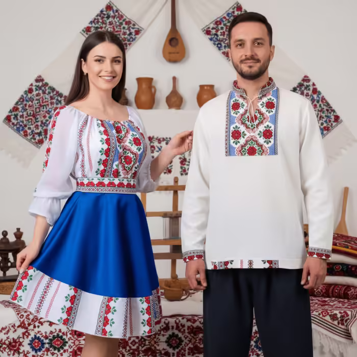 Set Cuplu 644: Camasa Traditionala si Rochie Stilizata cu Motive Traditionale