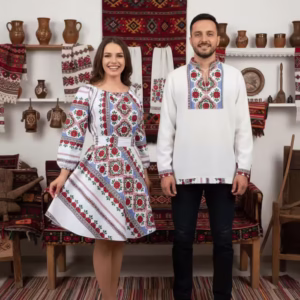 Set Cuplu 645 - Cămașă Tradițională și Rochie Stilizată cu Motive Tradiționale