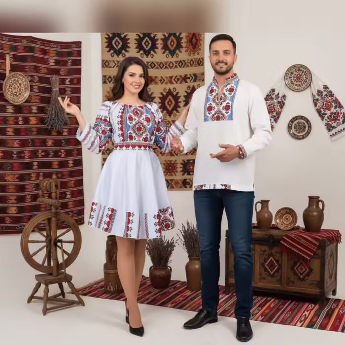 Set Cuplu 646: Camasa Traditionala si Rochie Stilizata cu Motive Traditionale