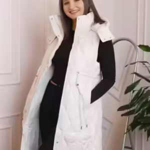 Vesta lungă pentru femei Tiffany cu glugă detașabilă și șnur în talie - Ivoire