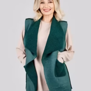 Vesta asimetrică tip cojoc verde cu buzunare aplicate