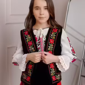 Vesta tradițională neagră pentru fetițe cu broderie florală roșie - Sonia 02