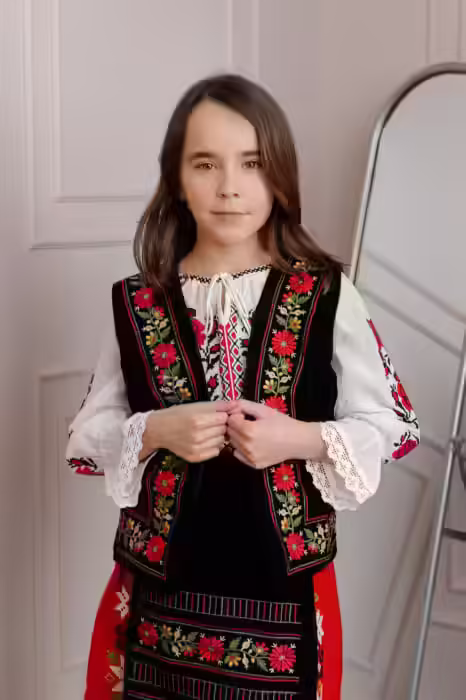 Vesta tradițională neagră pentru fetițe cu broderie florală roșie – Sonia 02