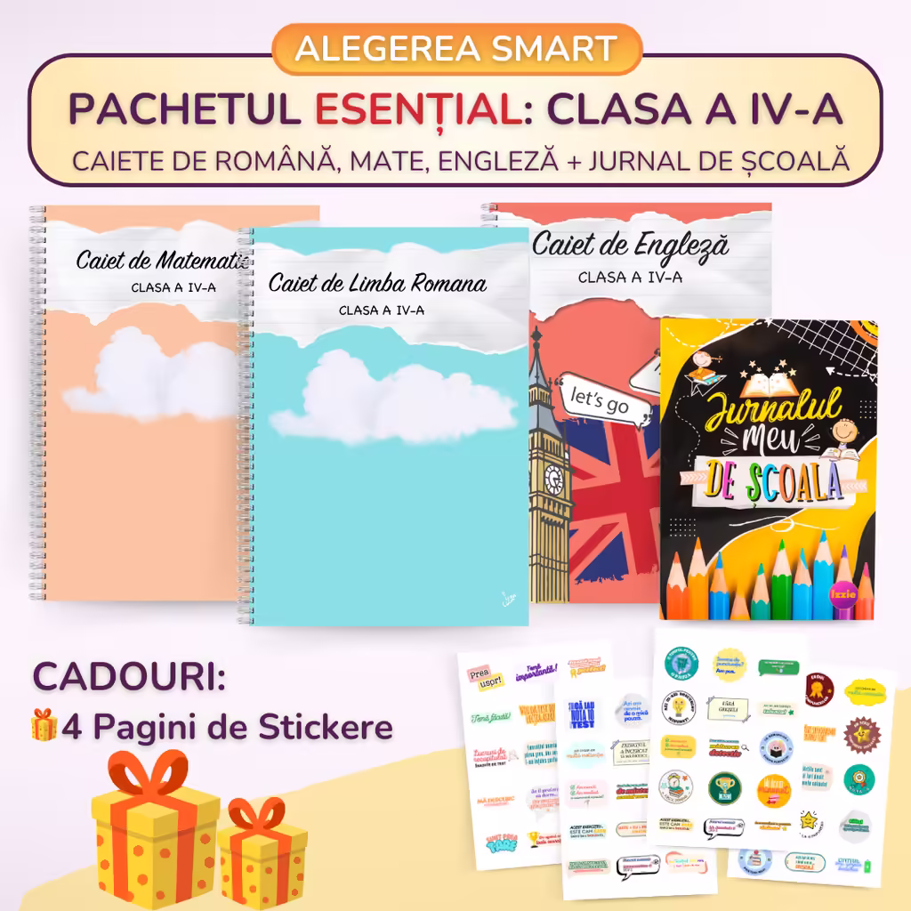 Pachetul Esențial Clasa a IV-a: Română, Mate, Engleză, Jurnal de Școală + 4 Pagini de Stickere CADOU